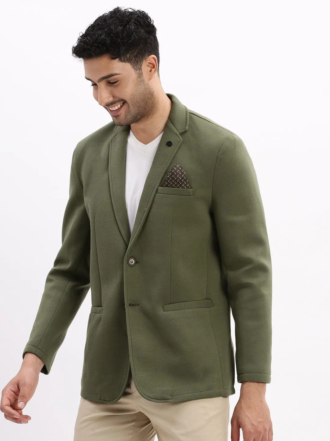 Men Solid Green Single Breasted Casual Blazer