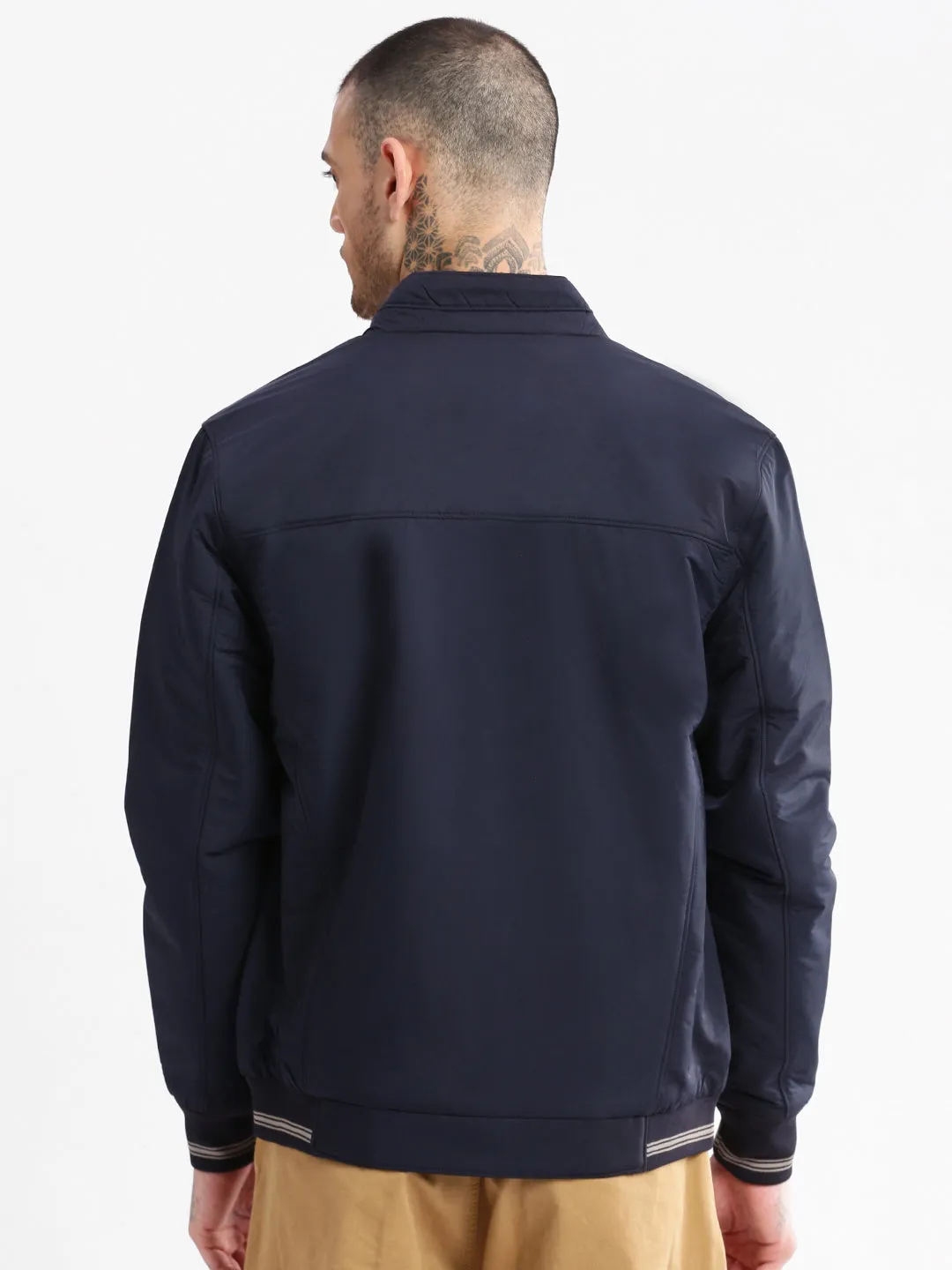 Men Solid Mock Collar Navy Blue Classic Bomber Jacket