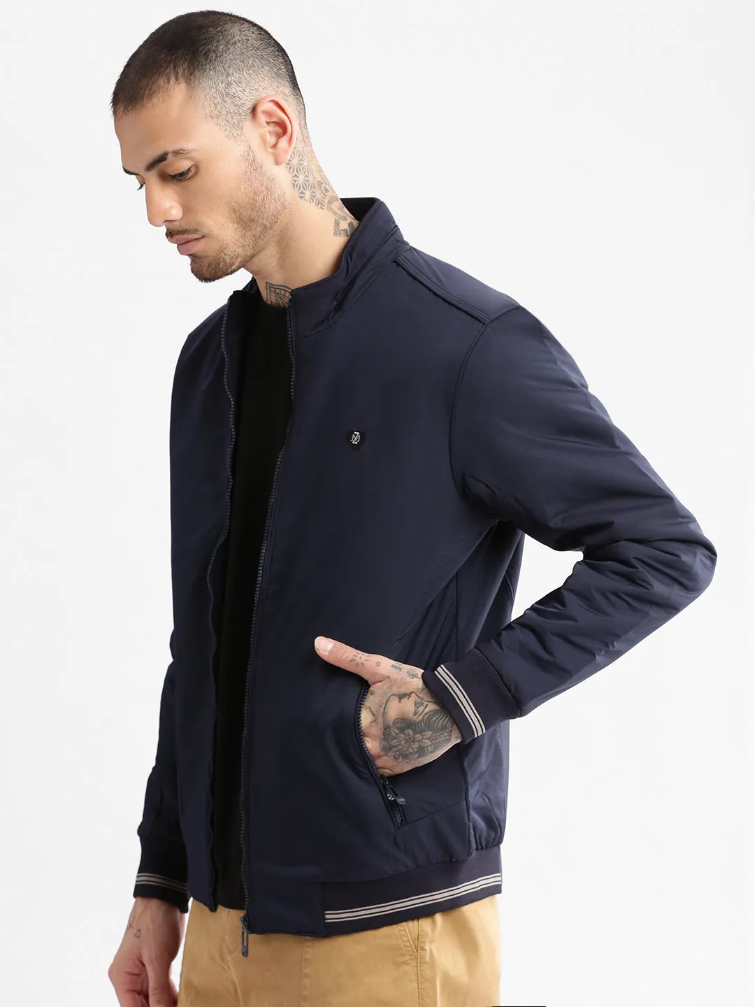 Men Solid Mock Collar Navy Blue Classic Bomber Jacket