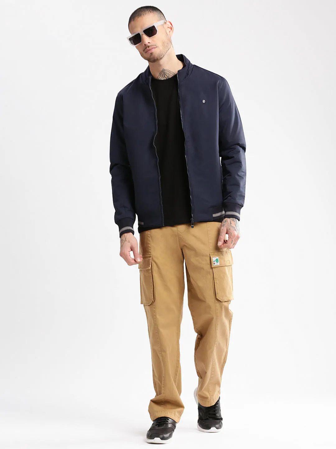 Men Solid Mock Collar Navy Blue Classic Bomber Jacket