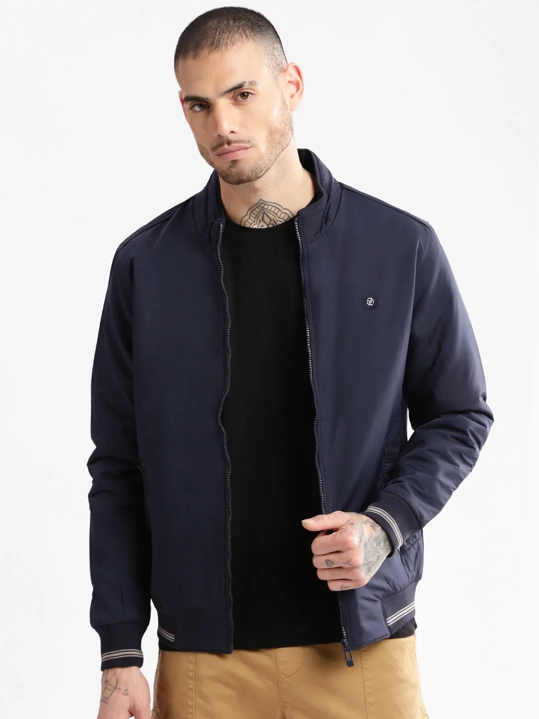 Men Solid Mock Collar Navy Blue Classic Bomber Jacket