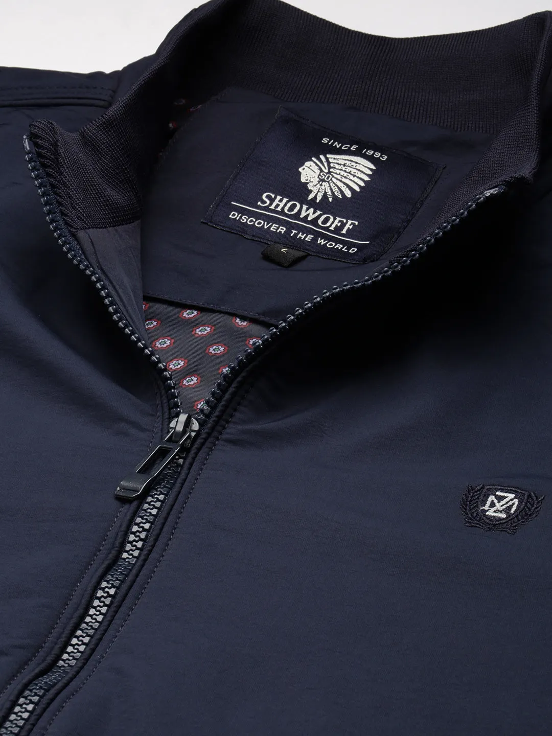 Men Solid Mock Collar Navy Blue Classic Bomber Jacket