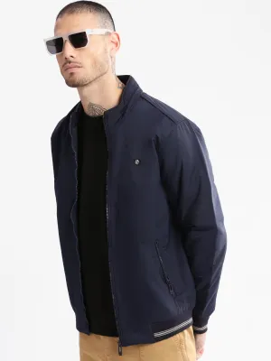 Men Solid Mock Collar Navy Blue Classic Bomber Jacket