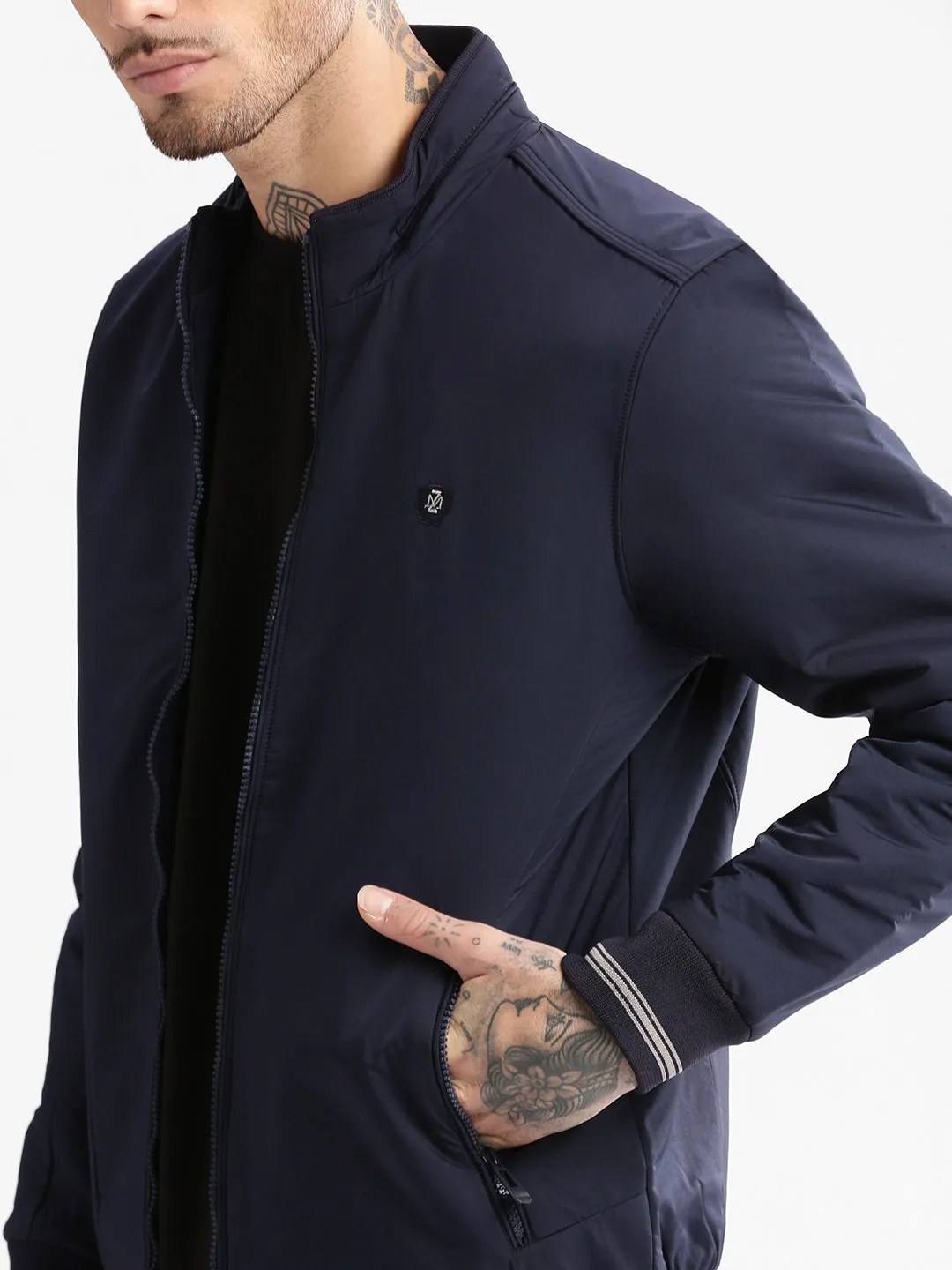 Men Solid Mock Collar Navy Blue Classic Bomber Jacket