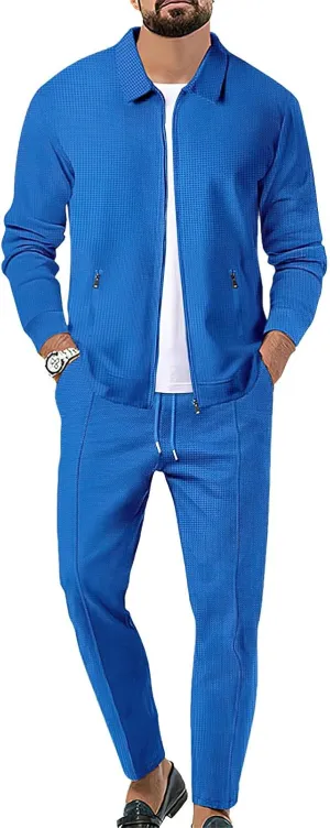 Men's Full Zip Polo Jacket & Drawstring Pants Set 2pcs Regular Fit Casual Sport Tracksuit with Pockets