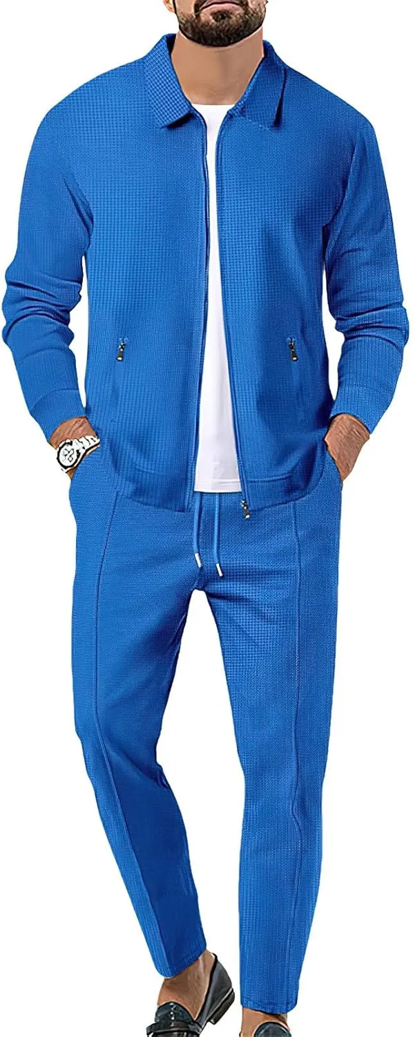 Men's Full Zip Polo Jacket & Drawstring Pants Set 2pcs Regular Fit Casual Sport Tracksuit with Pockets