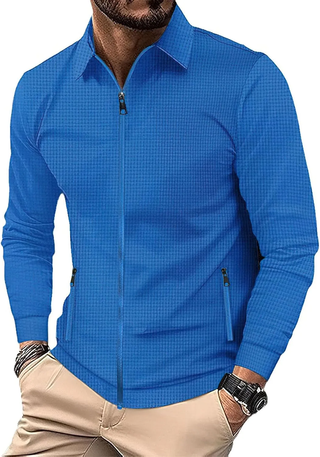 Men's Full Zip Polo Jacket & Drawstring Pants Set 2pcs Regular Fit Casual Sport Tracksuit with Pockets