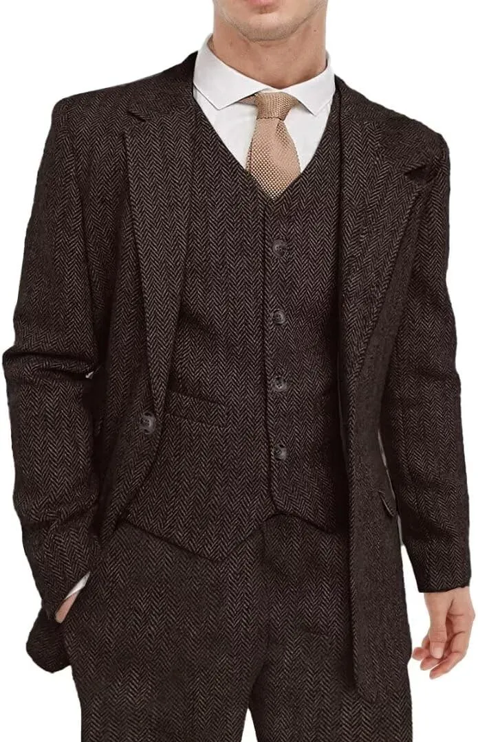 Men's Tweed Herringbone Suit 3 Piece Retro Slim Fit Prom Wedding Groom Tuxedos Set Brown Blazer Vest Pants