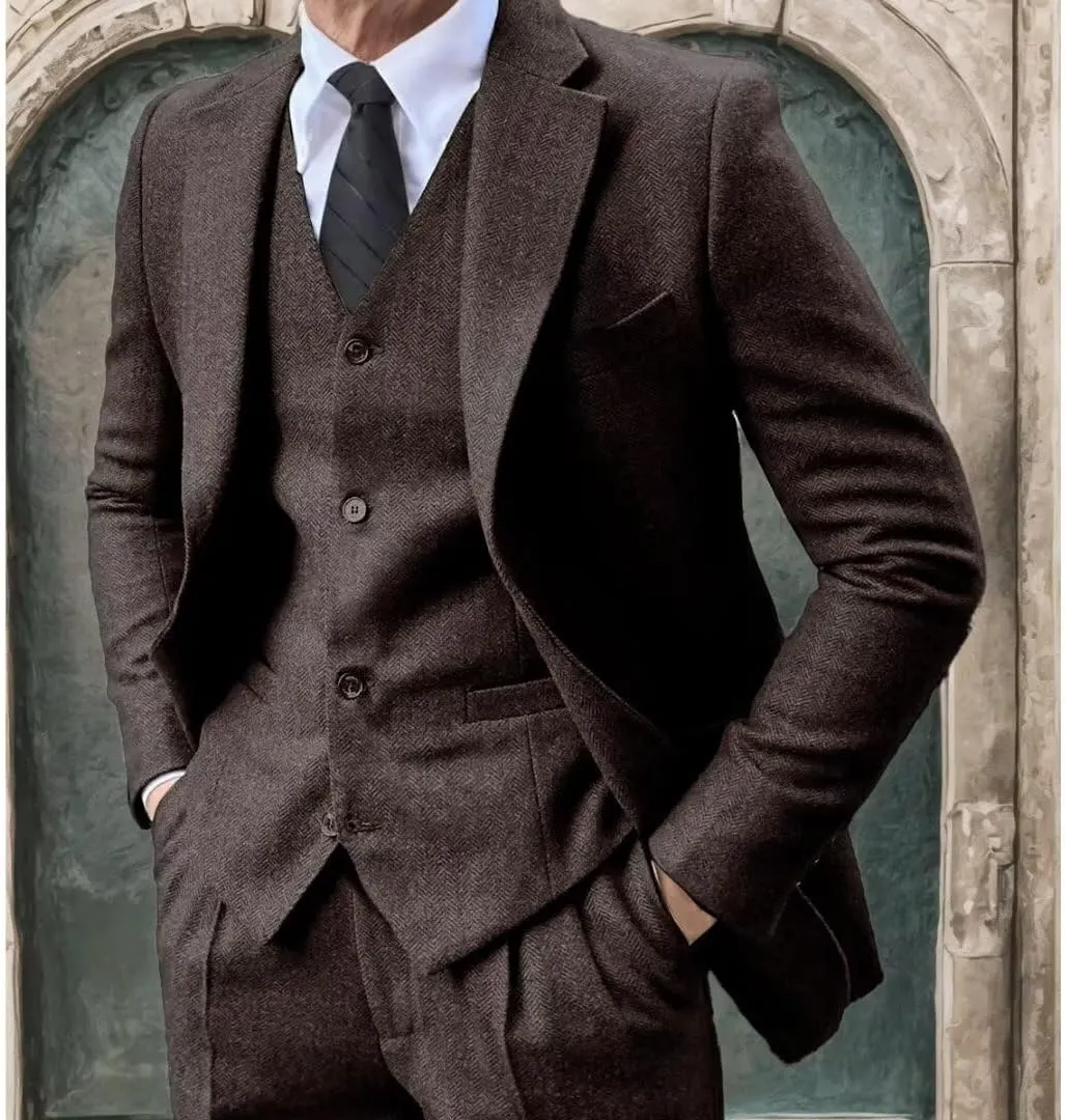 Men's Tweed Herringbone Suit 3 Piece Retro Slim Fit Prom Wedding Groom Tuxedos Set Brown Blazer Vest Pants