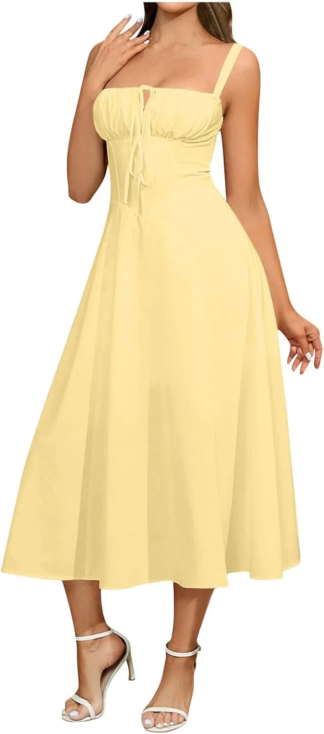 Midi Corset Dress Boho Flowy Slit Lace Up Dresses for Women Going Out A Line Casual Sundress Vacation Beach Dress