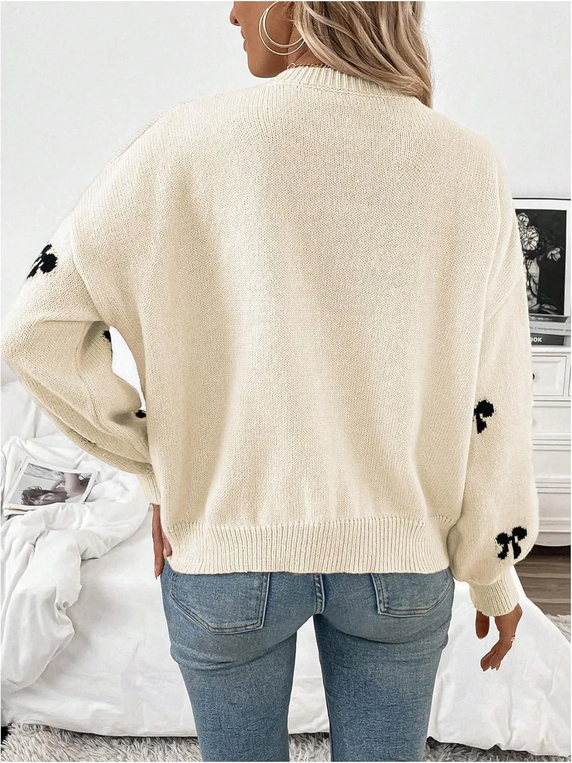 Milumia Women's Y2K Bow Print Knit Sweater Crew Neck Drop Shoulder Long Sleeve Pullover Top