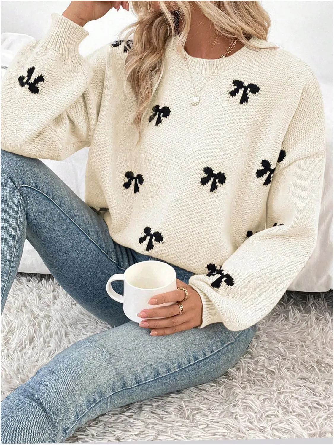 Milumia Women's Y2K Bow Print Knit Sweater Crew Neck Drop Shoulder Long Sleeve Pullover Top