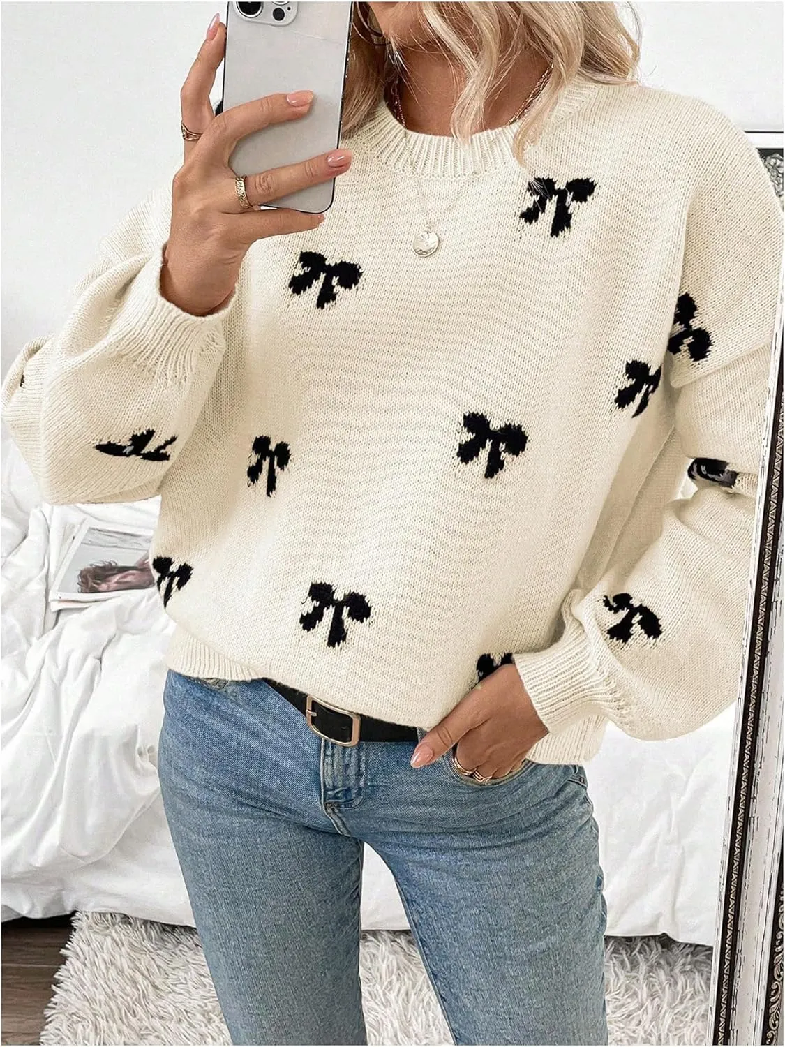 Milumia Women's Y2K Bow Print Knit Sweater Crew Neck Drop Shoulder Long Sleeve Pullover Top