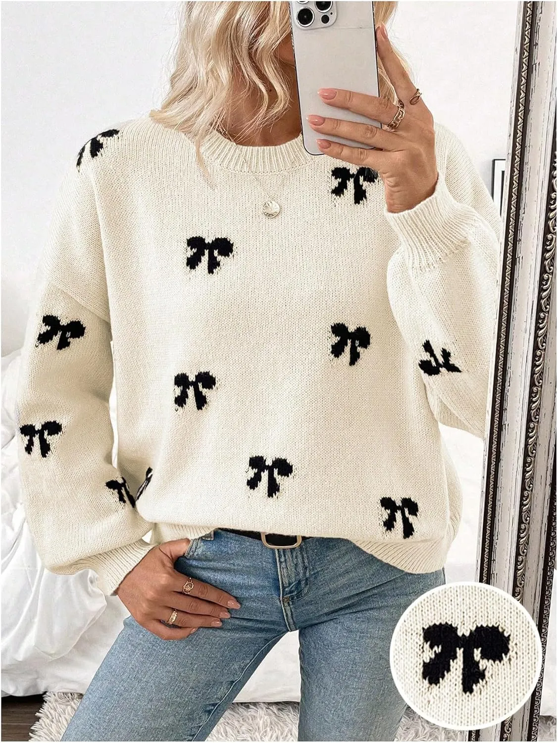 Milumia Women's Y2K Bow Print Knit Sweater Crew Neck Drop Shoulder Long Sleeve Pullover Top