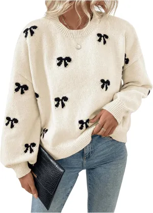 Milumia Women's Y2K Bow Print Knit Sweater Crew Neck Drop Shoulder Long Sleeve Pullover Top