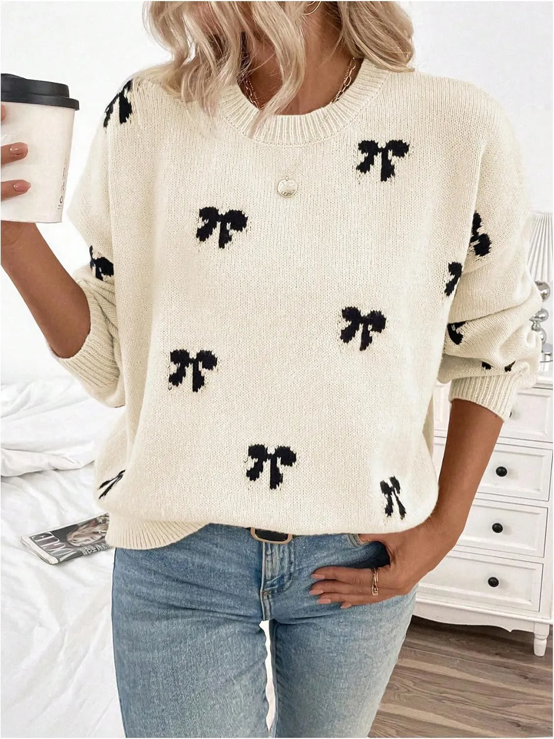 Milumia Women's Y2K Bow Print Knit Sweater Crew Neck Drop Shoulder Long Sleeve Pullover Top