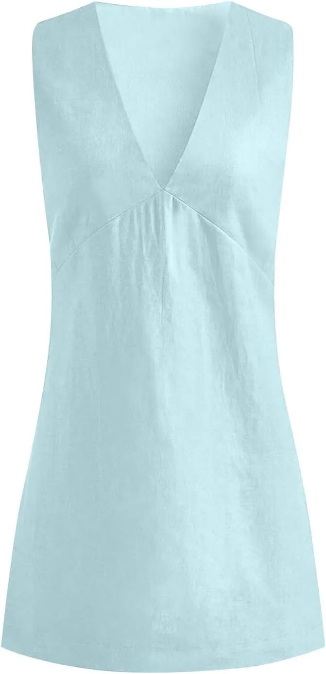 Mini Dresses for Women 2025 Fashion V Neck Sleeveless A Line Tank Dress Sundresses for Beach Vacation