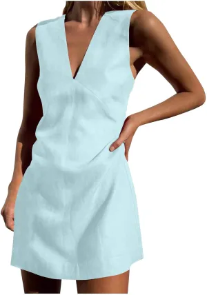 Mini Dresses for Women 2025 Fashion V Neck Sleeveless A Line Tank Dress Sundresses for Beach Vacation