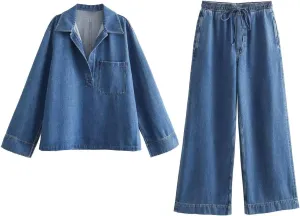 Minimalism Vintage Denim Shirt Blouse Women And Harem Pants Women Causal Two Pieces Sets For 2024