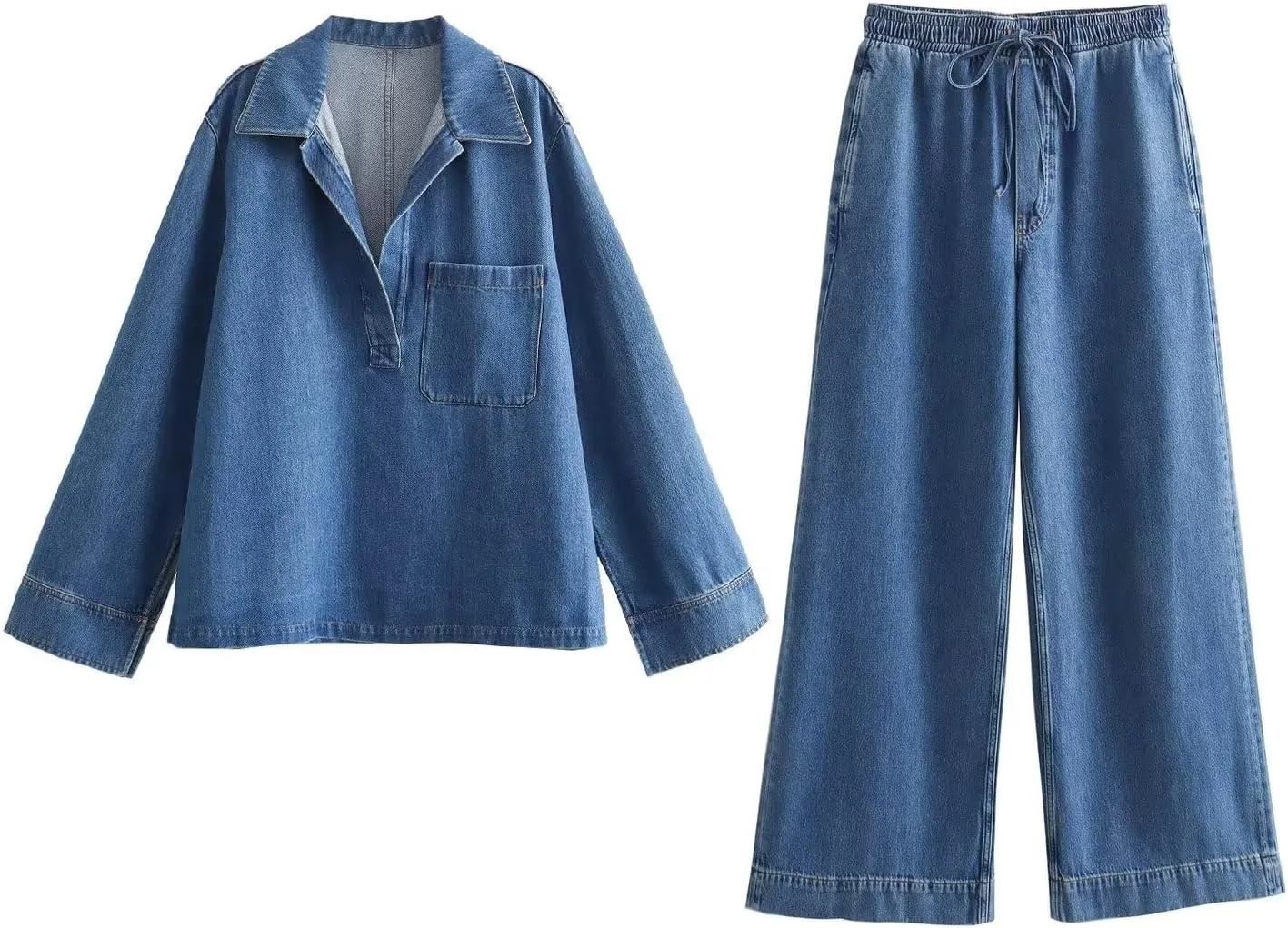 Minimalism Vintage Denim Shirt Blouse Women And Harem Pants Women Causal Two Pieces Sets For 2024