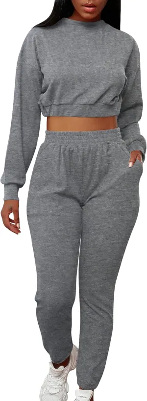 Mizoci Women's 2 Piece Outfits Lounge Jogger sets Long Sleeve Crop Top Pant Sweat Suit Tracksuit