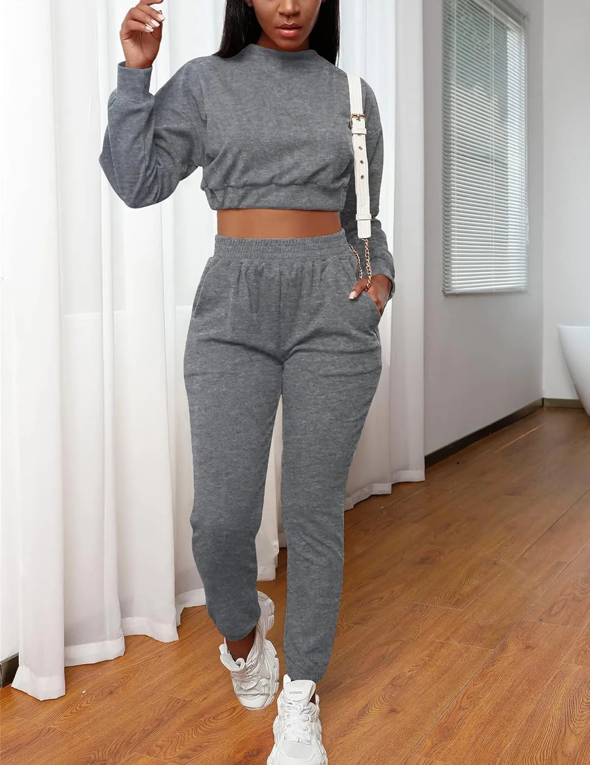 Mizoci Women's 2 Piece Outfits Lounge Jogger sets Long Sleeve Crop Top Pant Sweat Suit Tracksuit