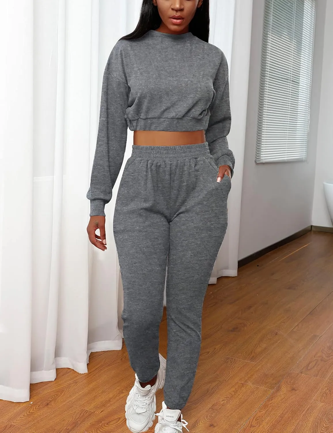 Mizoci Women's 2 Piece Outfits Lounge Jogger sets Long Sleeve Crop Top Pant Sweat Suit Tracksuit