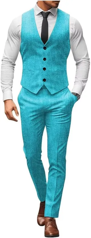 ONAXTDA Mens Slim Fit Vest and Pants Set Linen Casual 2 Piece Wedding Groomsmen Suit Waistcoat