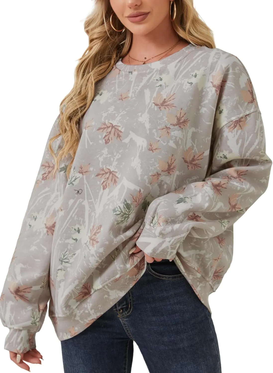 Oversized Camo Sweatshirt For Women Men Maple Leaf Camouflage Sweatshirts Hunting Camo Pullover Tops