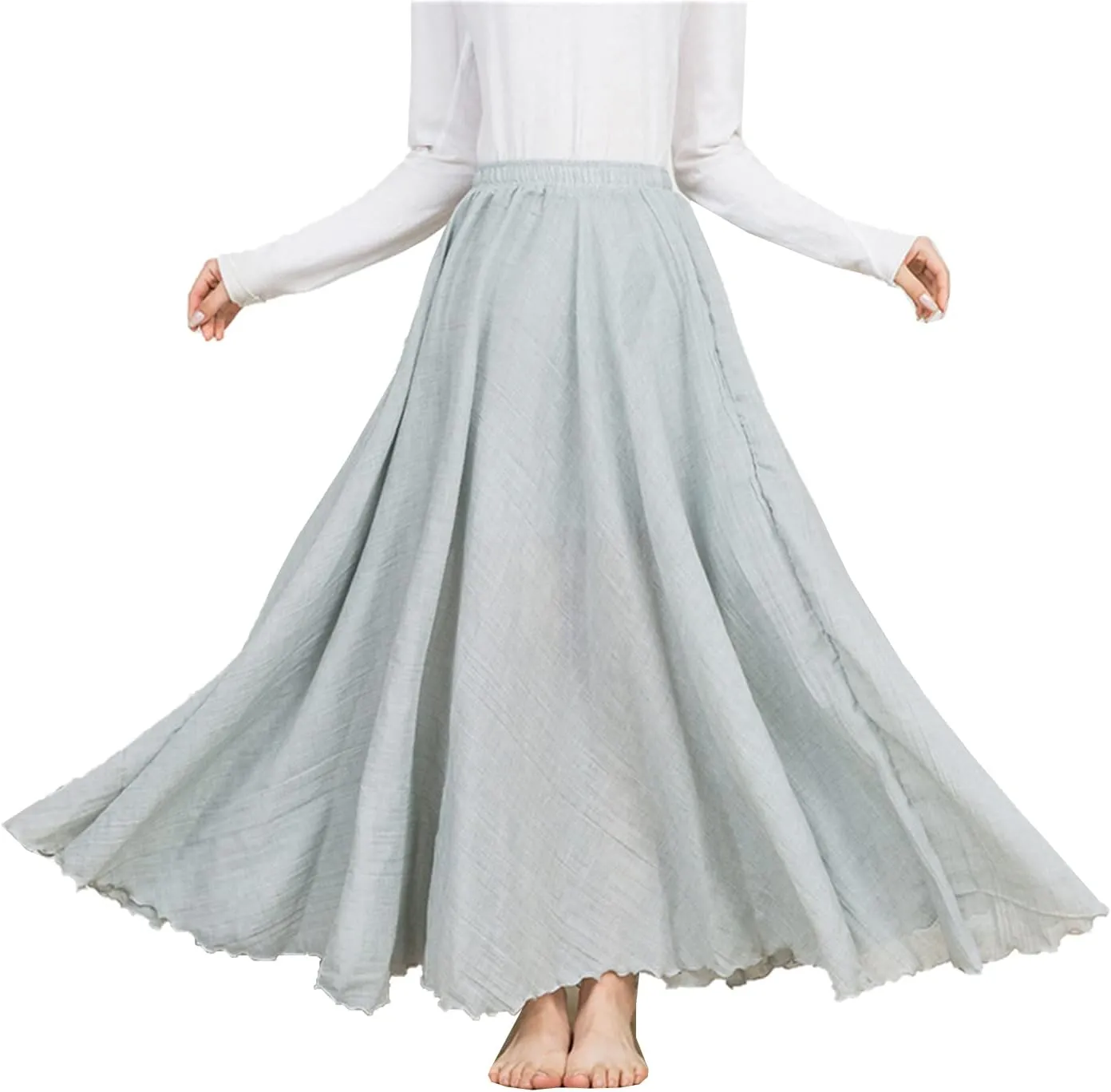 PEHMEA Women's Bohemian Cotton Linen Elastic Waist Full Circle Flowy Long Maxi Skirt