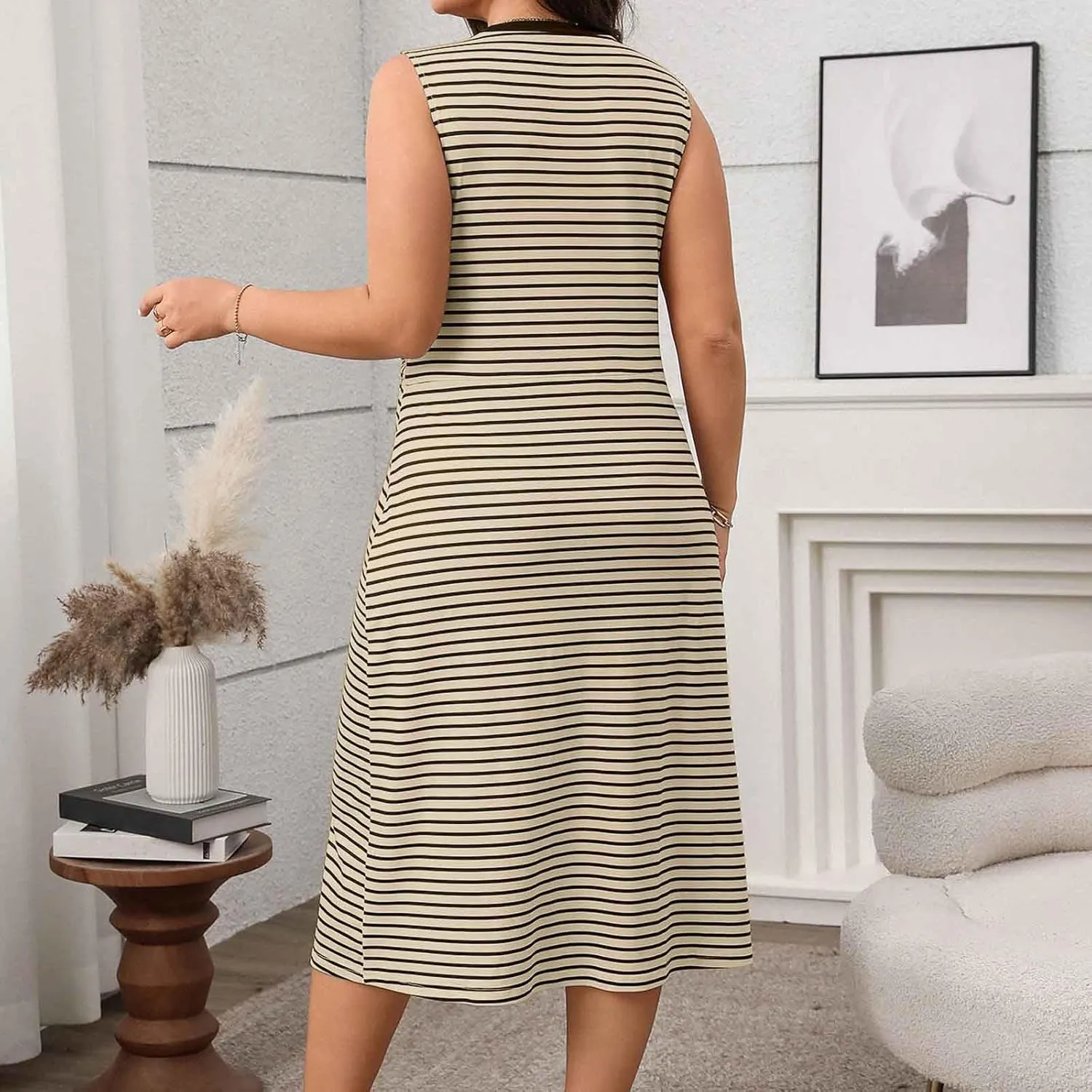 Plus Size Women Striped Print Twist Tank Dress Sleeveless Slim Fit Night Out Midi Dress Summer Vacation Boho Dresses