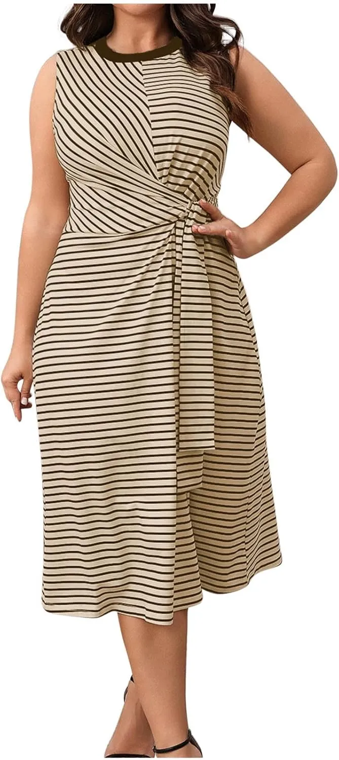 Plus Size Women Striped Print Twist Tank Dress Sleeveless Slim Fit Night Out Midi Dress Summer Vacation Boho Dresses