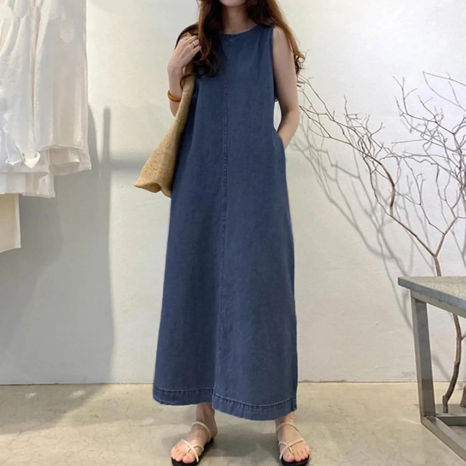 PTOLOCIF Long Sleeveless Pocket Boho Denim Maxi Dress Round Neck Loose Fit Women's Bohemian Style Dress for Women Short