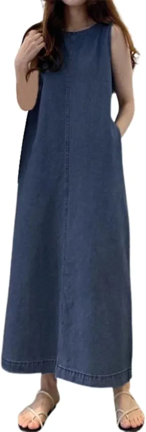 PTOLOCIF Long Sleeveless Pocket Boho Denim Maxi Dress Round Neck Loose Fit Women's Bohemian Style Dress for Women Short