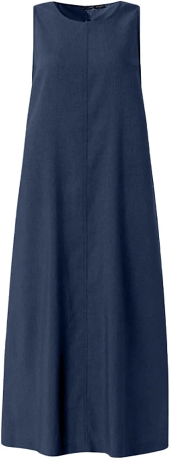 PTOLOCIF Long Sleeveless Pocket Boho Denim Maxi Dress Round Neck Loose Fit Women's Bohemian Style Dress for Women Short