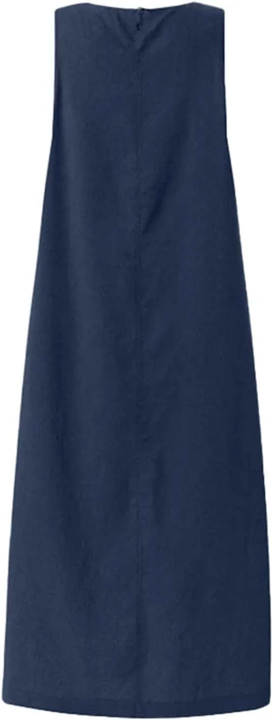 PTOLOCIF Long Sleeveless Pocket Boho Denim Maxi Dress Round Neck Loose Fit Women's Bohemian Style Dress for Women Short
