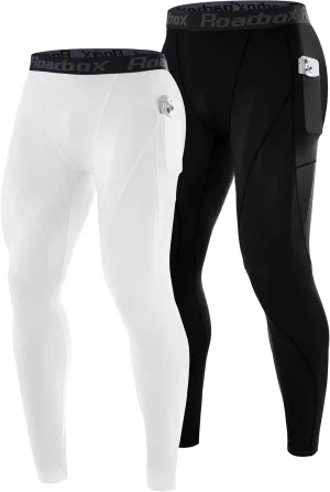 Roadbox 1 or 2 Pack Compression Pants Men, Running Workout Leggings with Pockets, Gym Basketball Athletic Tights Base Layer