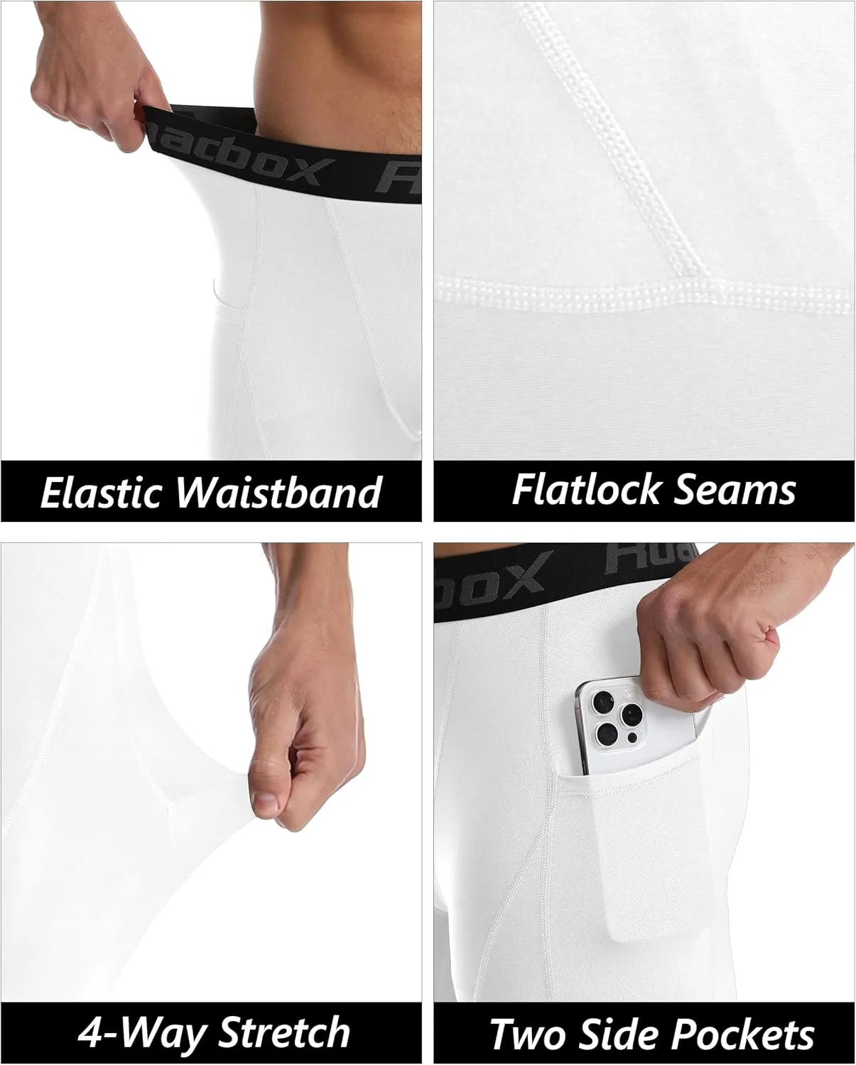 Roadbox 1 or 2 Pack Compression Pants Men, Running Workout Leggings with Pockets, Gym Basketball Athletic Tights Base Layer
