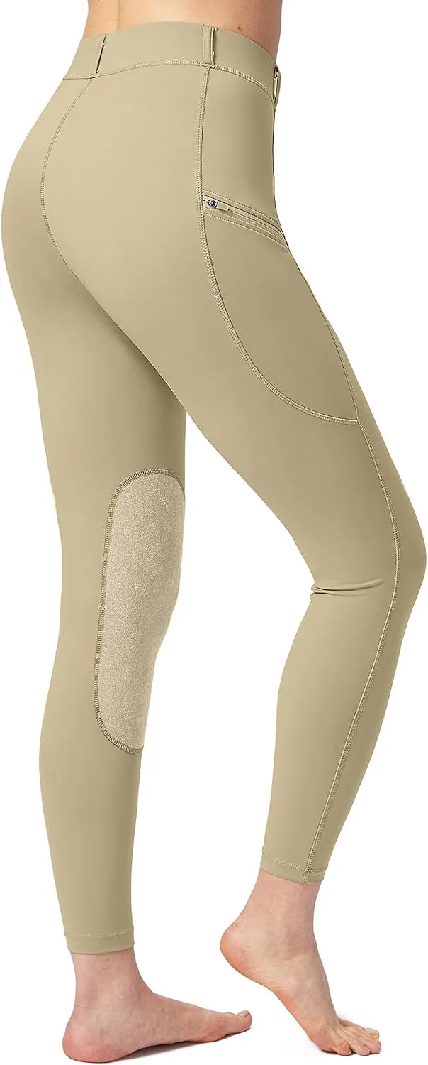SANTINY Women's Horse Riding Pants with Zipper Pockets Knee-Patch Schooling Tights Equestrian Breeches for Women