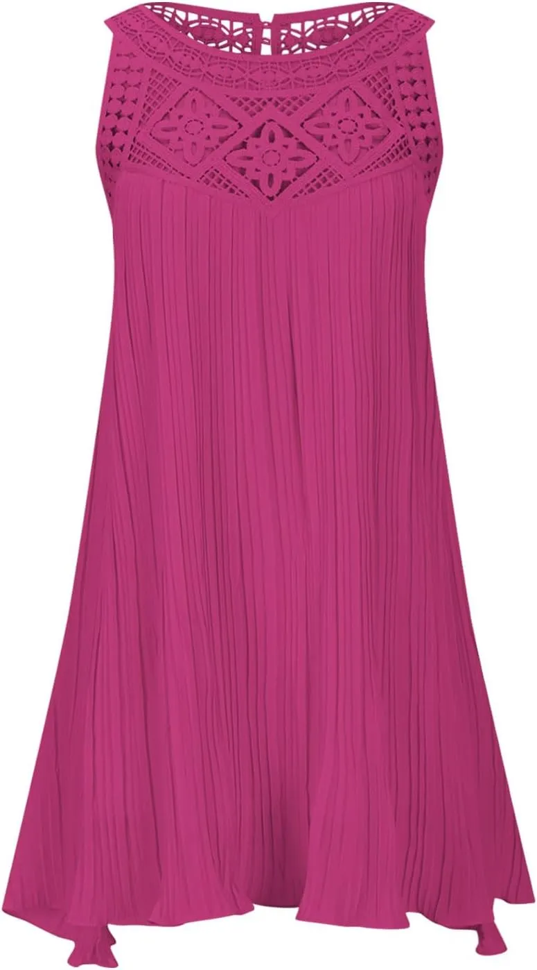 Short Dresses for Women Summer Lace Patchwork Sleeveless Pleated Mini Dress Casual Loose Fit Beach Vacation Sundress