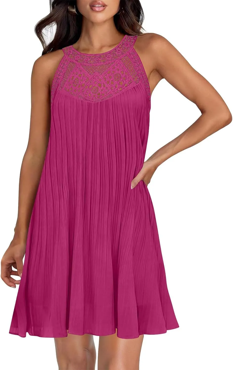 Short Dresses for Women Summer Lace Patchwork Sleeveless Pleated Mini Dress Casual Loose Fit Beach Vacation Sundress