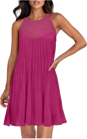 Short Dresses for Women Summer Lace Patchwork Sleeveless Pleated Mini Dress Casual Loose Fit Beach Vacation Sundress