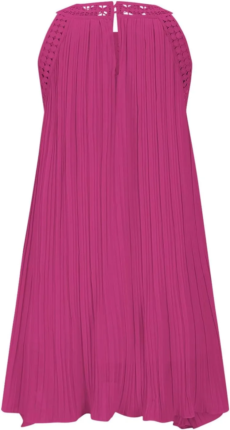 Short Dresses for Women Summer Lace Patchwork Sleeveless Pleated Mini Dress Casual Loose Fit Beach Vacation Sundress