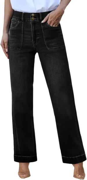 Sidefeel Women's High Waisted Straight Leg Jeans Stretchy Tummy Control Wide Leg Denim Pants with Pockets