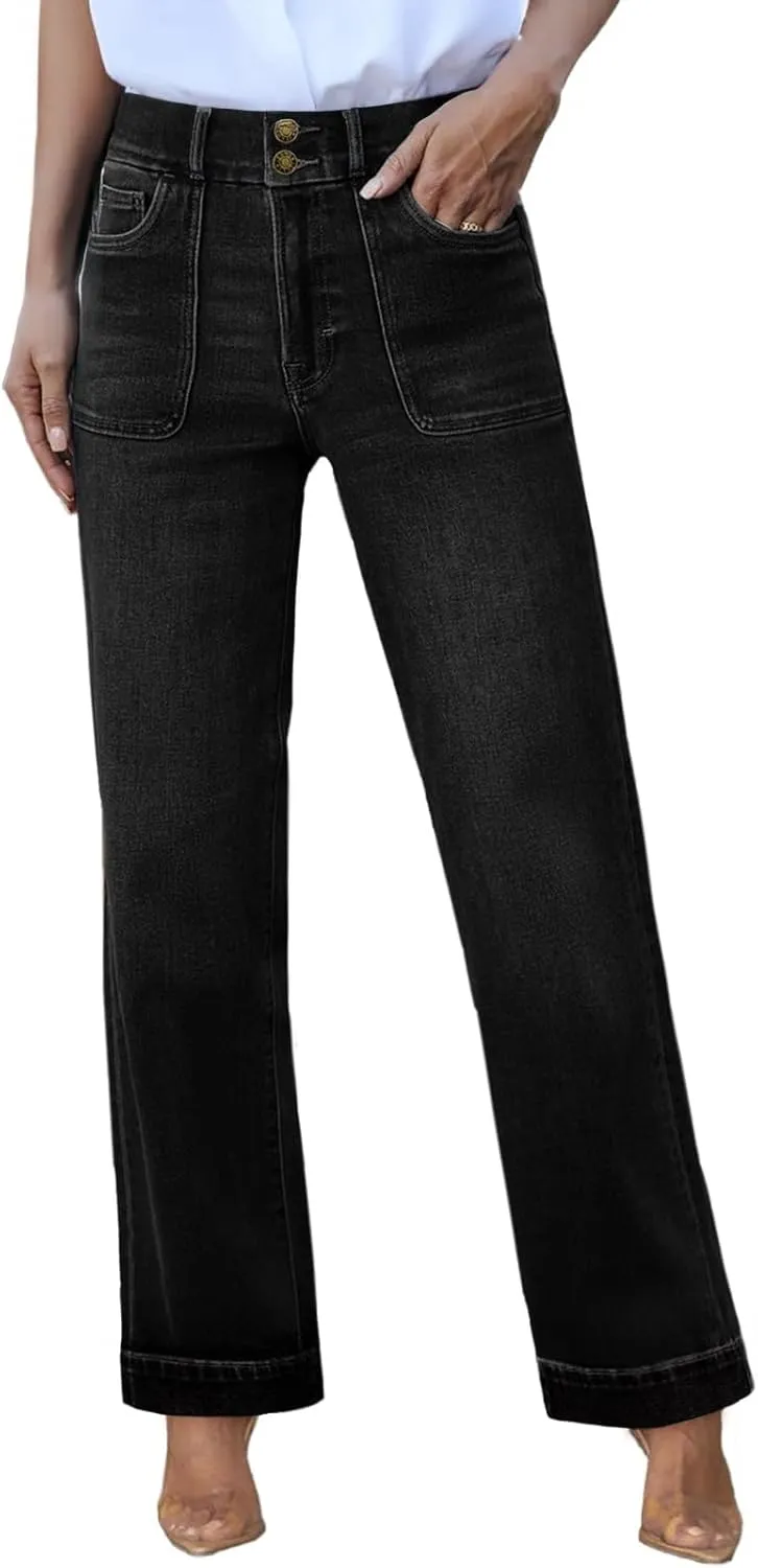 Sidefeel Women's High Waisted Straight Leg Jeans Stretchy Tummy Control Wide Leg Denim Pants with Pockets