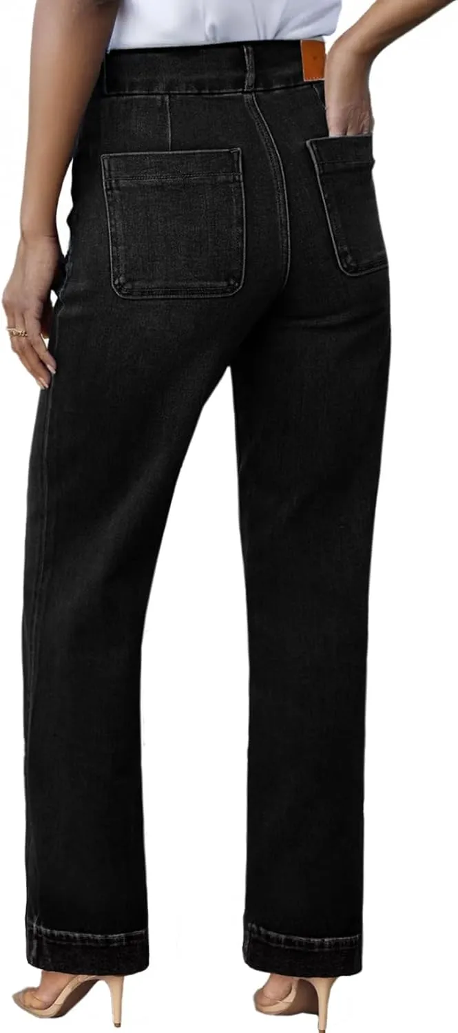 Sidefeel Women's High Waisted Straight Leg Jeans Stretchy Tummy Control Wide Leg Denim Pants with Pockets