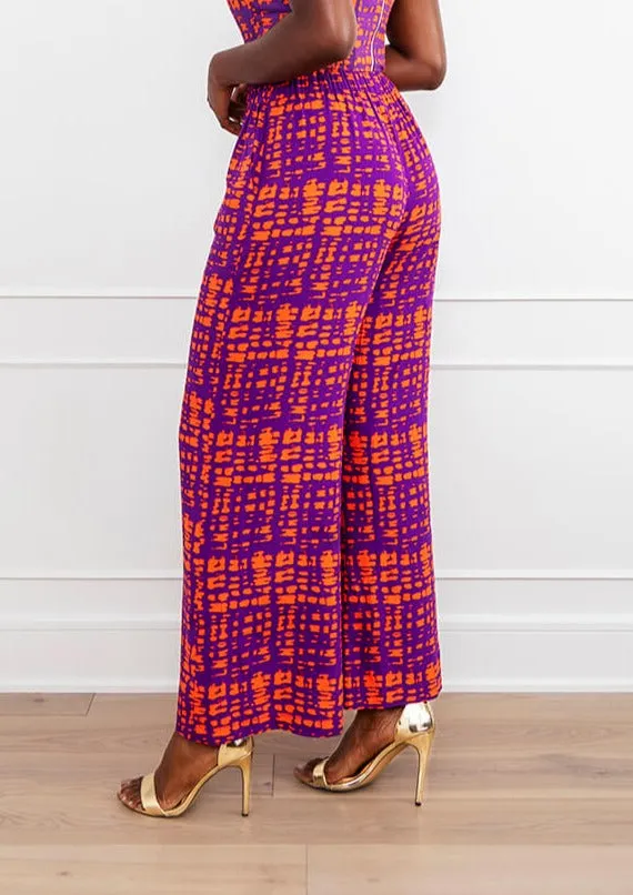 Sika Women's African Print Wide Leg Pants (Purple Tangerine Adire)