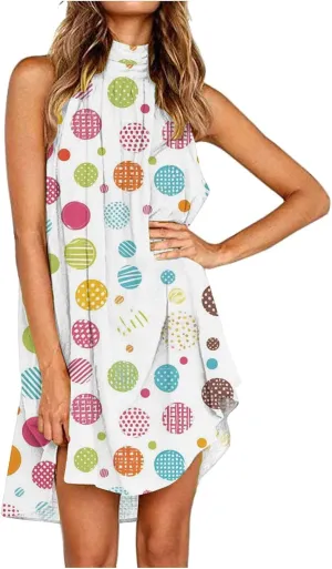 Sinzelimin Women Summer Beach Dress Fashion Heart Printed Sleeveless Irregular Hem Casual Sundress Turtleneck Mini Tank Dress