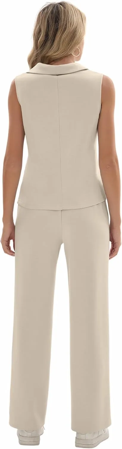 Sixstar Women 2 Piece Outfits Lounge Sets Casual Sleeveless Summer V-Neck Dressy Collared Tracksuit Lounge