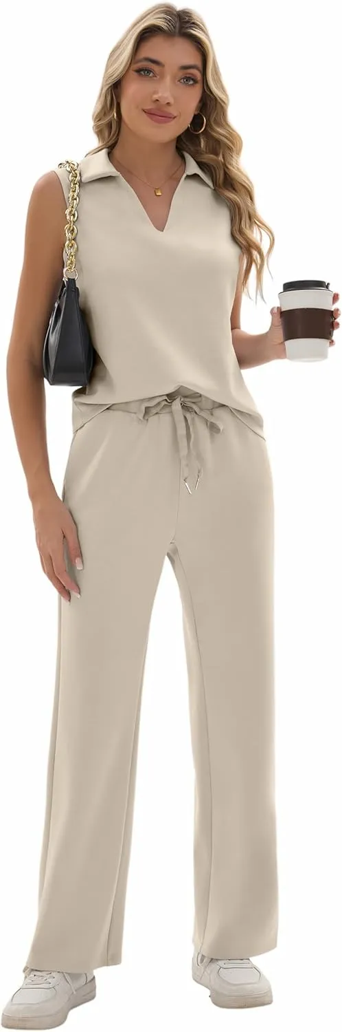 Sixstar Women 2 Piece Outfits Lounge Sets Casual Sleeveless Summer V-Neck Dressy Collared Tracksuit Lounge